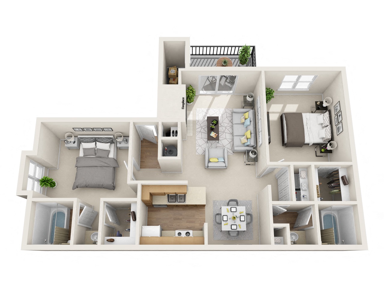 Floor plan for 2 beds, 2 baths, 1040 sqft